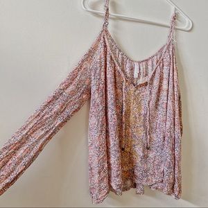 Open shoulder paisley pink blouse
